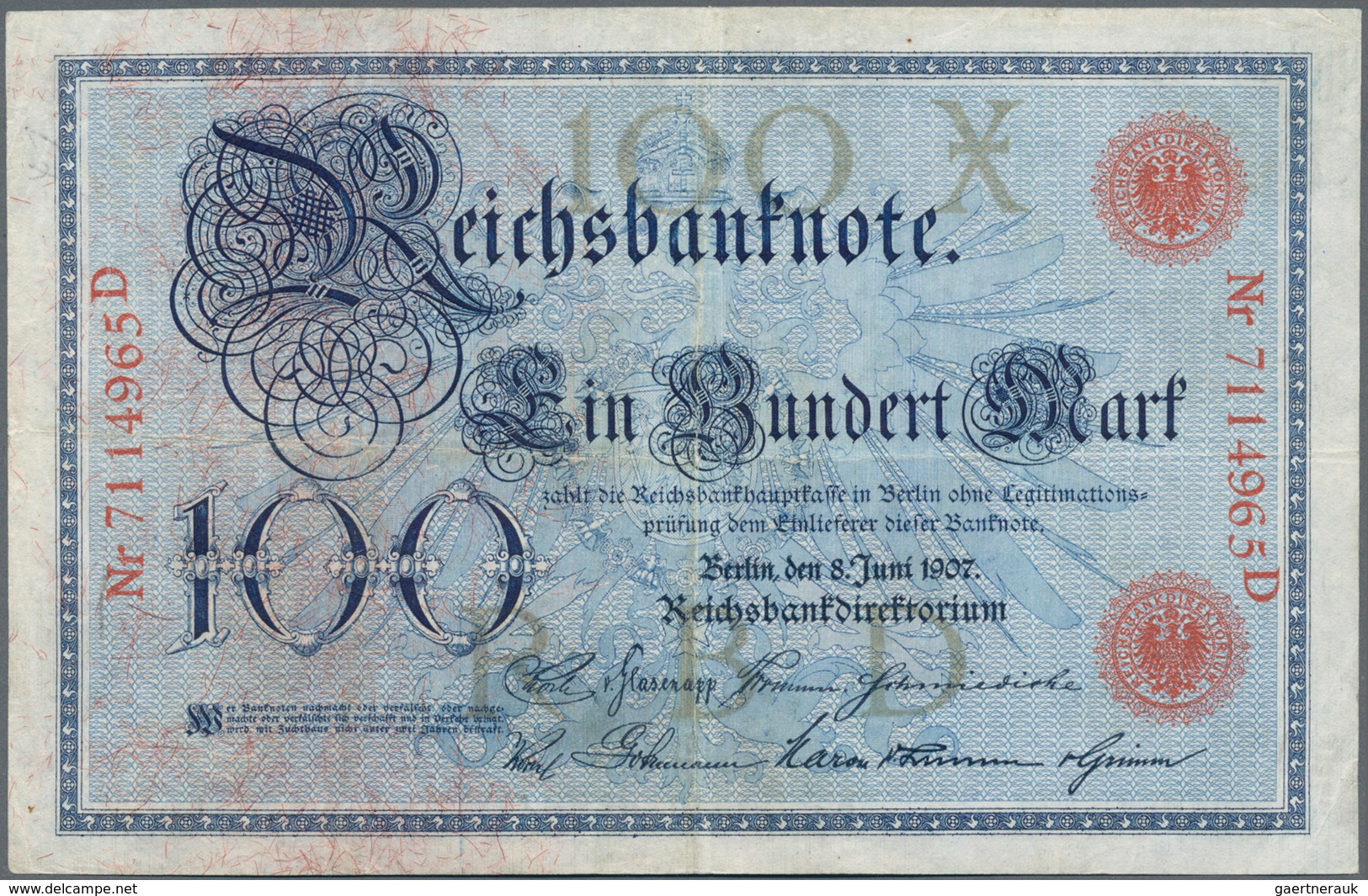 Deutschland - Deutsches Reich Bis 1945: 100 Mark 1907, Ro. 30, Mit Horizontalen Und Vertikalen Falte - Sonstige & Ohne Zuordnung