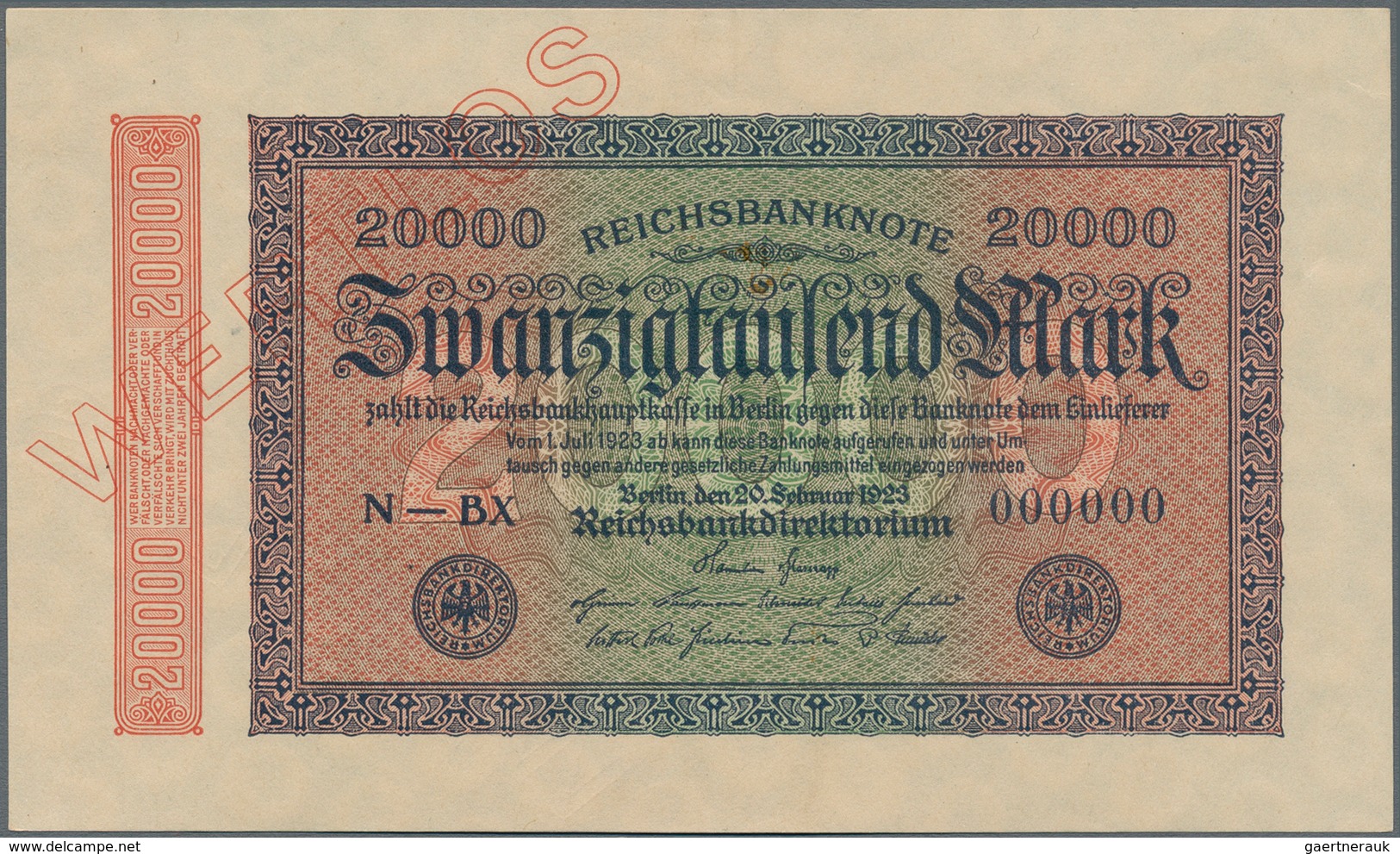 Deutschland - Deutsches Reich Bis 1945: 20.000 Mark 1923 MUSTER, Wz. Ringe, Fz. BX, Ro.84bM, Mit Rot - Autres & Non Classés