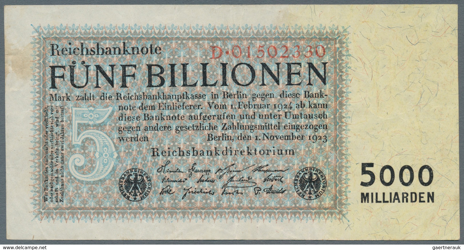 Deutschland - Deutsches Reich Bis 1945: Reichsbanknote 5 Billionen Reichsmark 1923, Reichsdruck, KN - Other & Unclassified