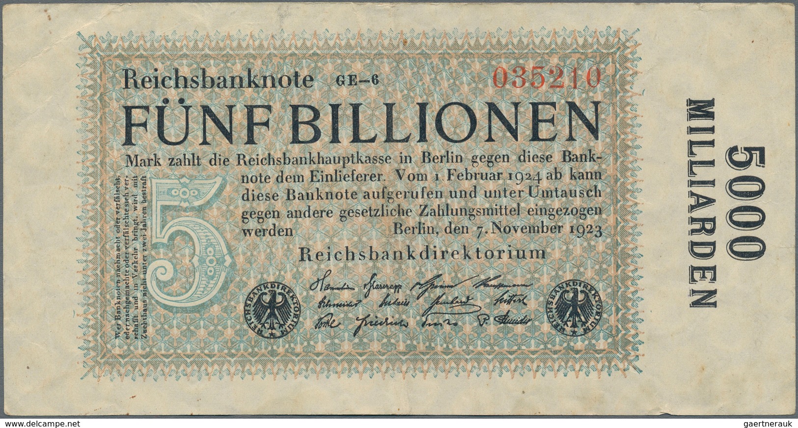 Deutschland - Deutsches Reich Bis 1945: 5 Billionen Mark 1923, Wz. Ringe, Fz. GE, KN 6-stellig, Ro.1 - Autres & Non Classés