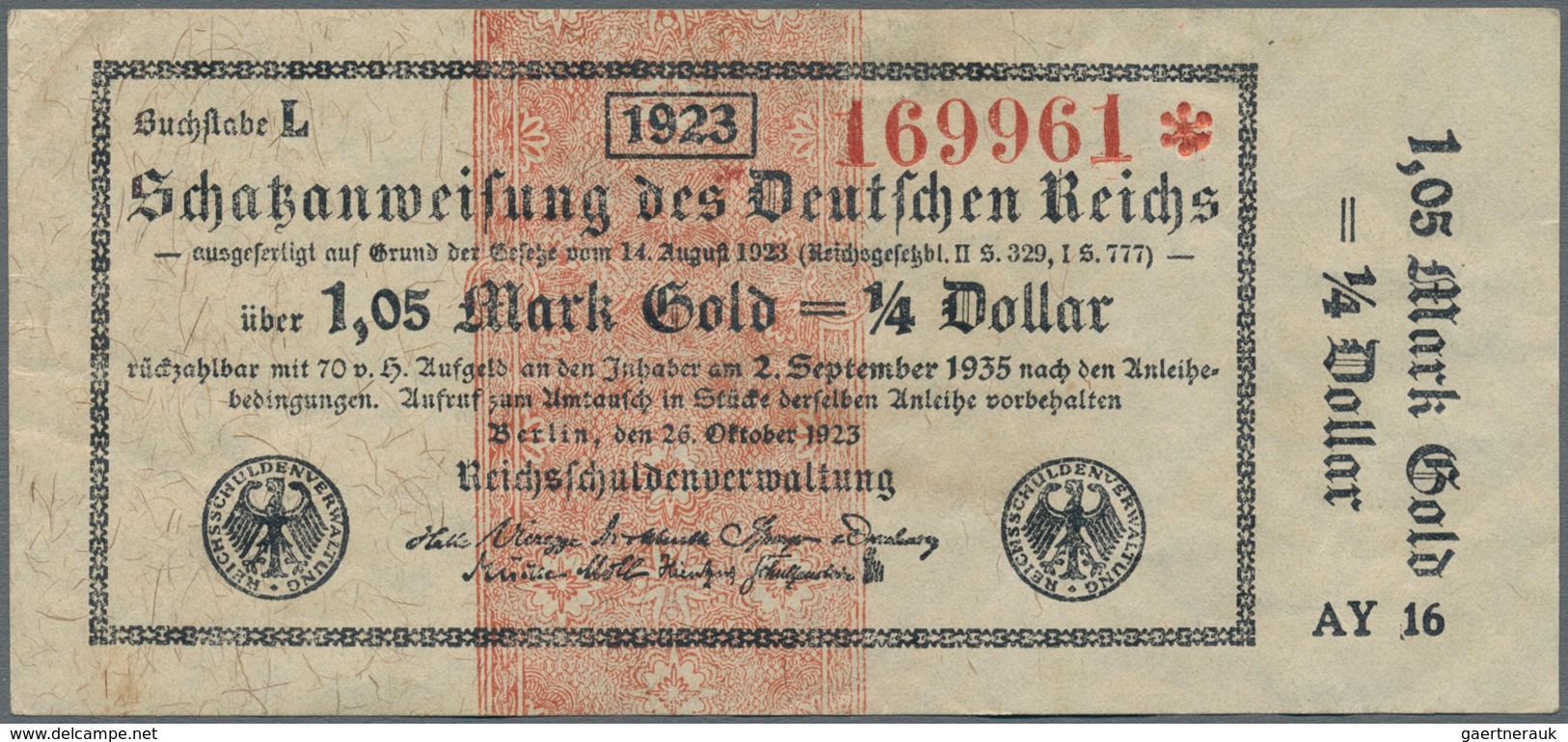 Deutschland - Deutsches Reich Bis 1945: Schatzanweisung Zu 1,05 Mark Gold = 1/4 Dollar Vom 26.10.192 - Sonstige & Ohne Zuordnung