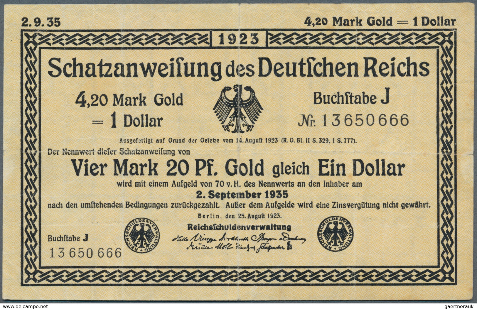 Deutschland - Deutsches Reich Bis 1945: Schatzanweisung Der Reichsschuldenverwaltung über 4,20 Mark - Altri & Non Classificati