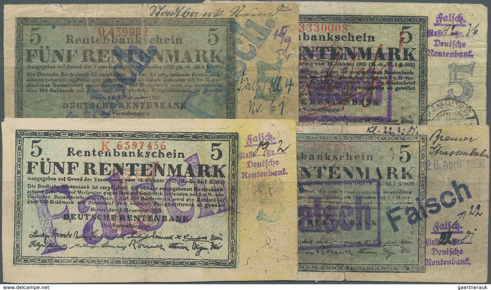 Deutschland - Deutsches Reich Bis 1945: 8 Zeitgenössische Fälschungen Der 5-Rentenmark-Note 1923, Si - Other & Unclassified