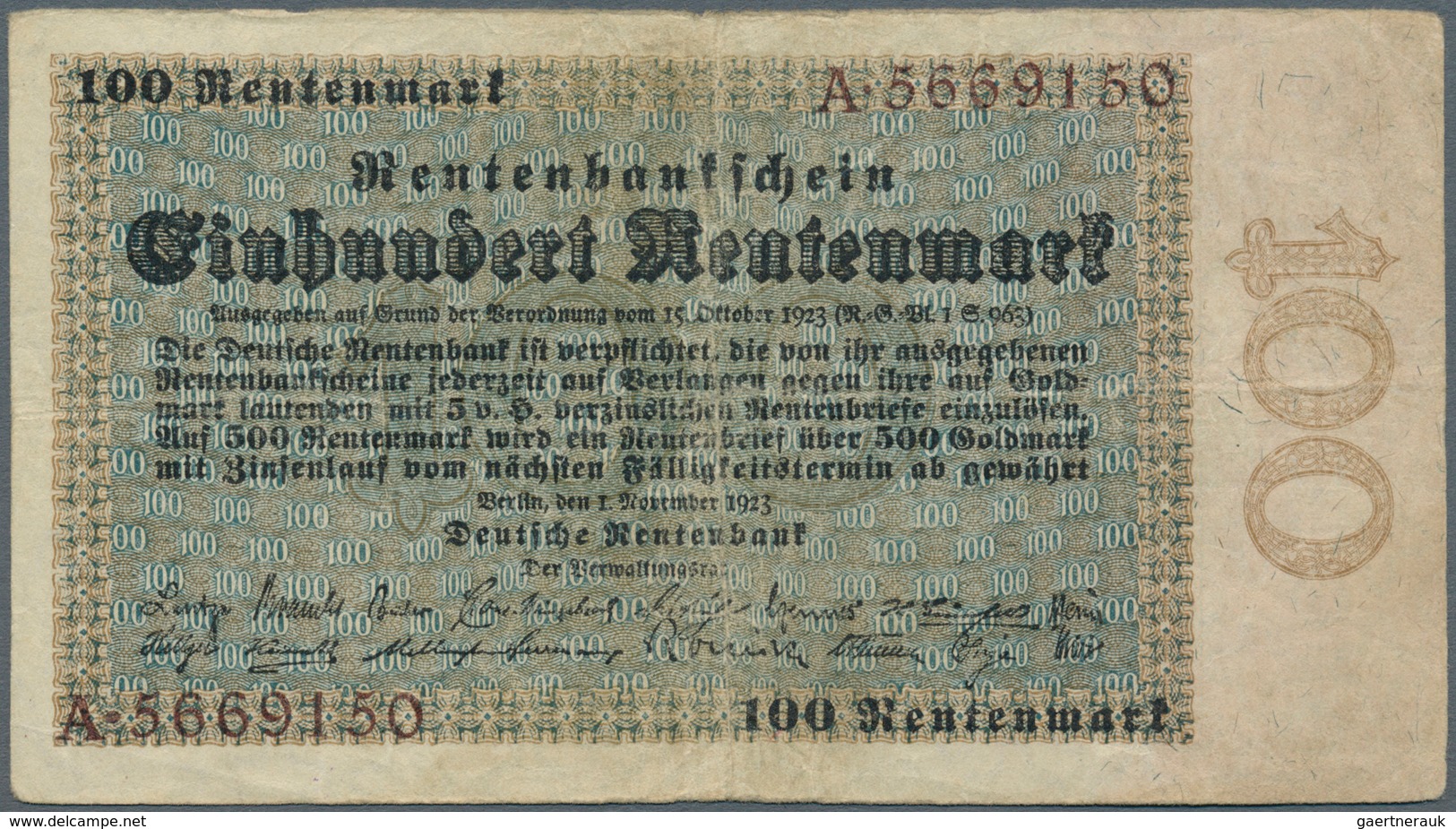 Deutschland - Deutsches Reich Bis 1945: 100 Rentenmark 1923, Ro.159 In Stärker Gebrauchter Erhaltung - Autres & Non Classés