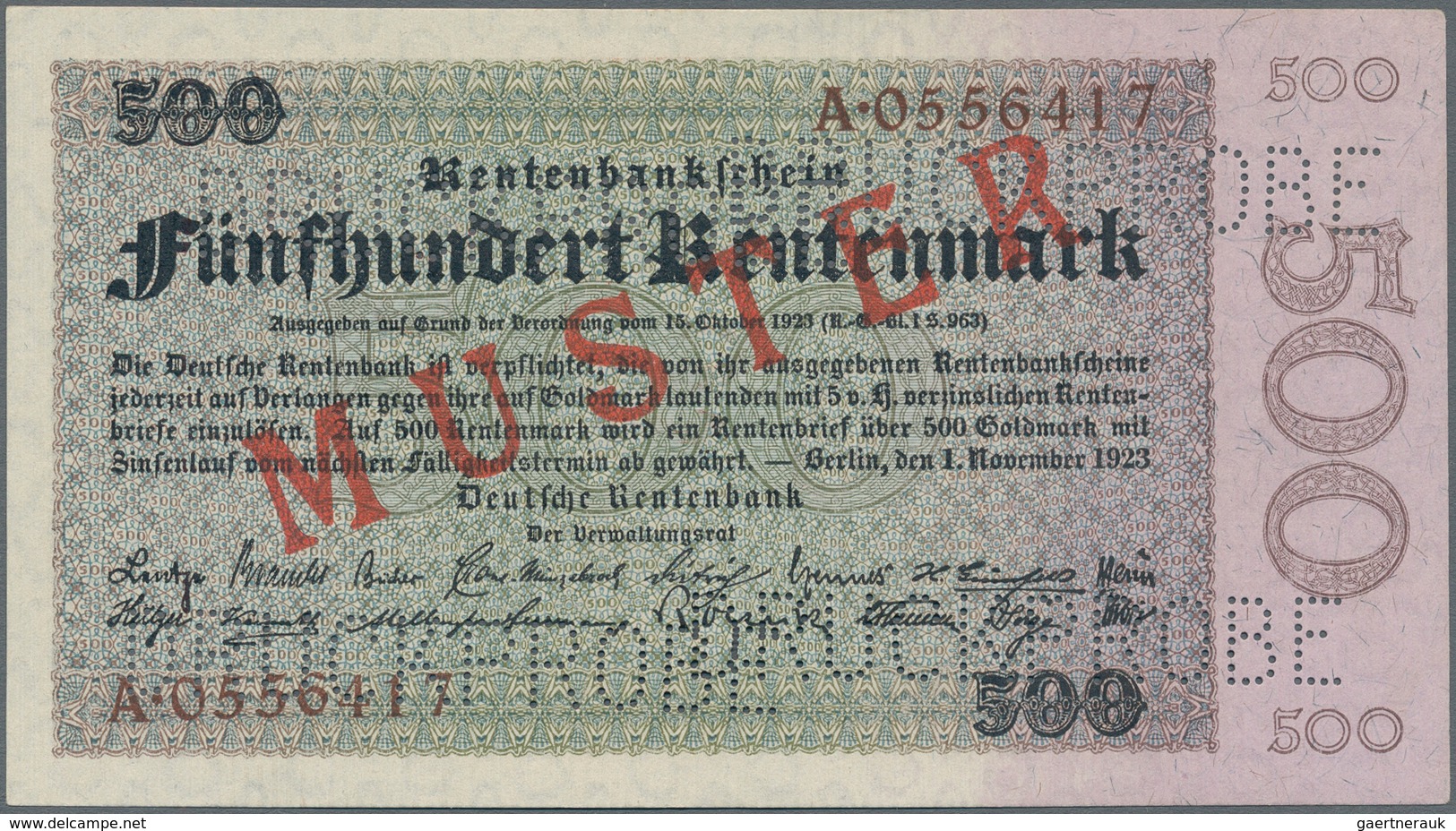 Deutschland - Deutsches Reich Bis 1945: 500 Rentenmark 1923 MUSTER, Ro.160M, Eine Der Seltensten Deu - Other & Unclassified