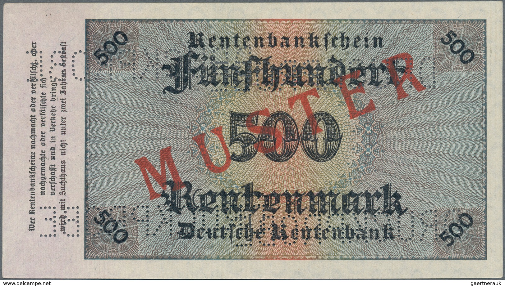 Deutschland - Deutsches Reich Bis 1945: 500 Rentenmark 1923 MUSTER, Ro.160M, Eine Der Seltensten Deu - Autres & Non Classés