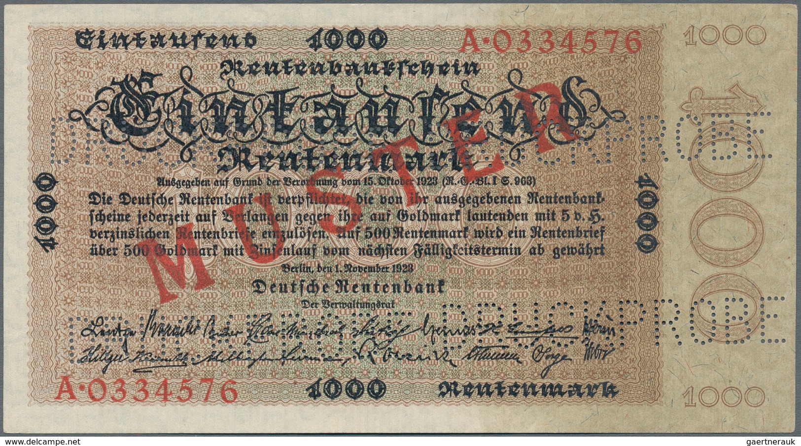Deutschland - Deutsches Reich Bis 1945: 1000 Rentenmark 1923 MUSTER, Ro.161M, Mit KN A0334576, Rotem - Autres & Non Classés