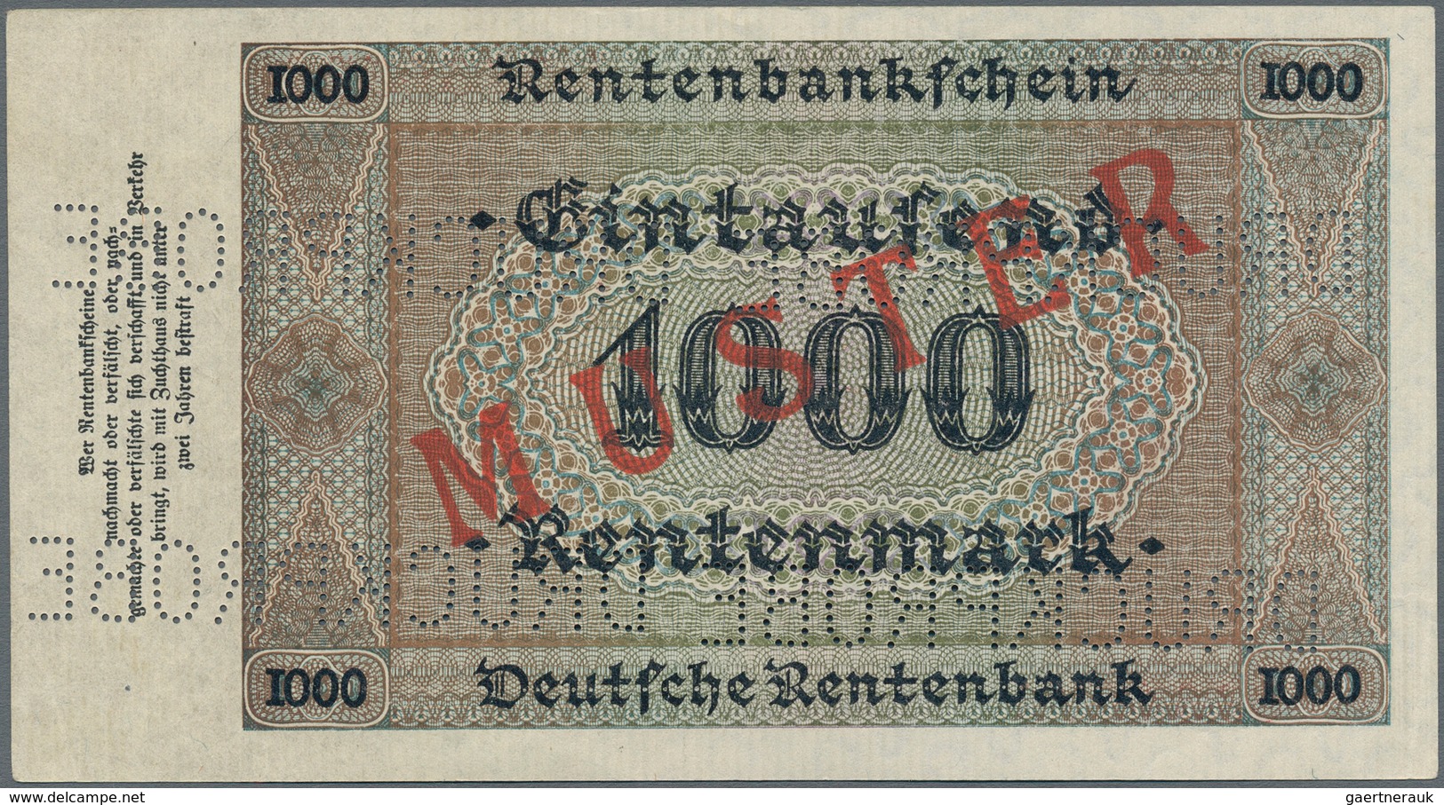 Deutschland - Deutsches Reich Bis 1945: 1000 Rentenmark 1923 MUSTER, Ro.161M, Mit KN A0334576, Rotem - Altri & Non Classificati