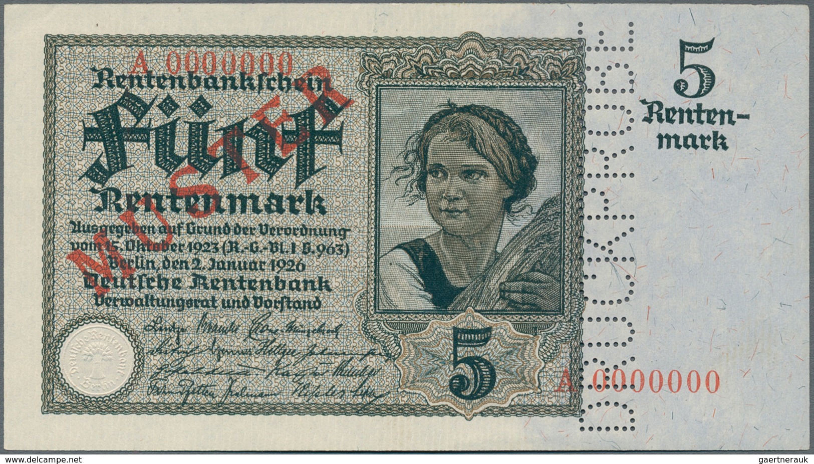 Deutschland - Deutsches Reich Bis 1945: 5 Rentenmark 1926 MUSTER, Ro.164M Mit KN A0000000, Rotem Übe - Sonstige & Ohne Zuordnung