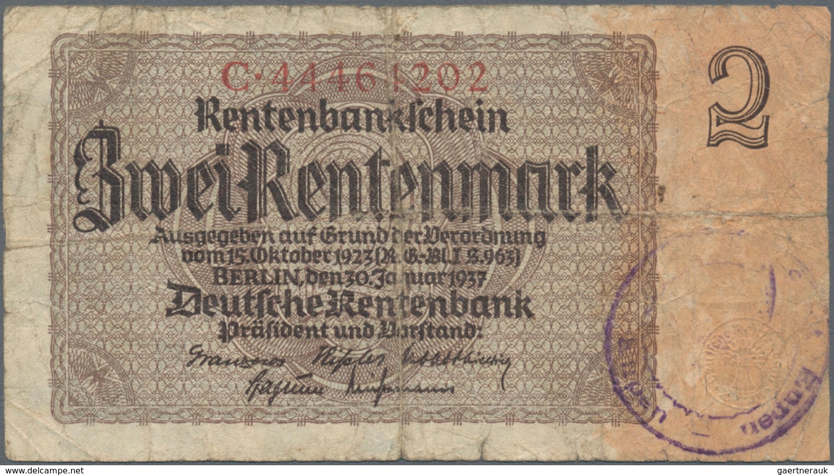 Deutschland - Deutsches Reich Bis 1945: Kleines Lot Mit 6 Belgischen Abstempelungen Auf 2 Rentenmark - Altri & Non Classificati