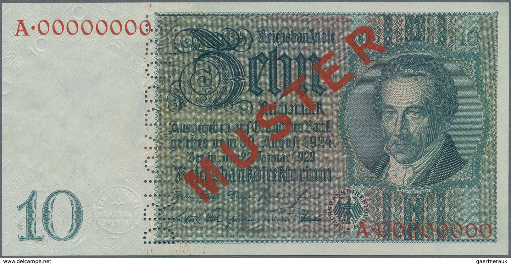 Deutschland - Deutsches Reich Bis 1945: 10 Reichsmark 1929 MUSTER, Ro.173M Mit KN A00000000, Rotem Ü - Other & Unclassified
