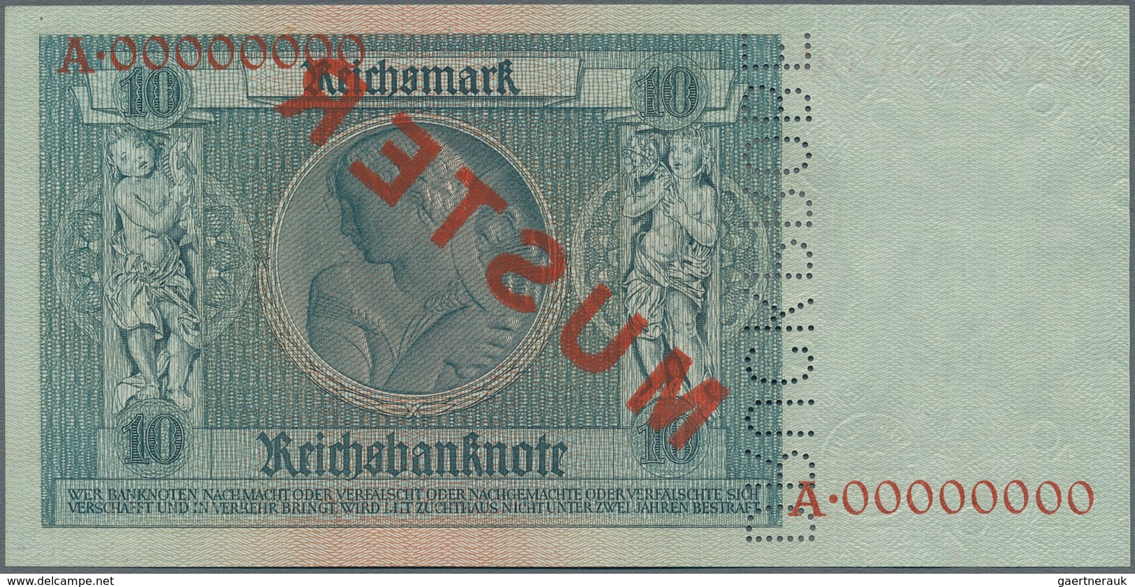 Deutschland - Deutsches Reich Bis 1945: 10 Reichsmark 1929 MUSTER, Ro.173M Mit KN A00000000, Rotem Ü - Andere & Zonder Classificatie