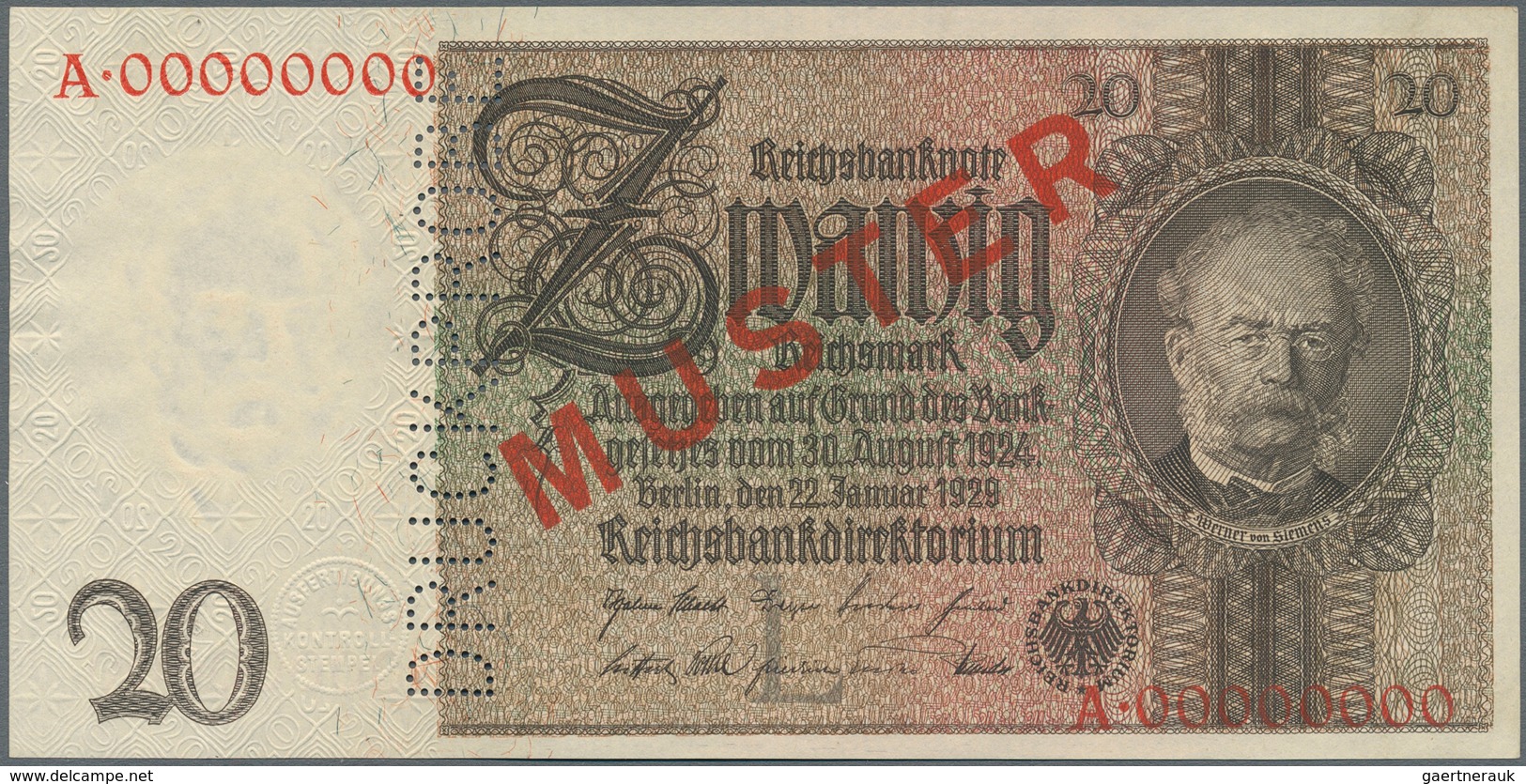 Deutschland - Deutsches Reich Bis 1945: 20 Mark 1929 MUSTER, Ro.174M Mit KN A00000000, Rotem Überdru - Sonstige & Ohne Zuordnung
