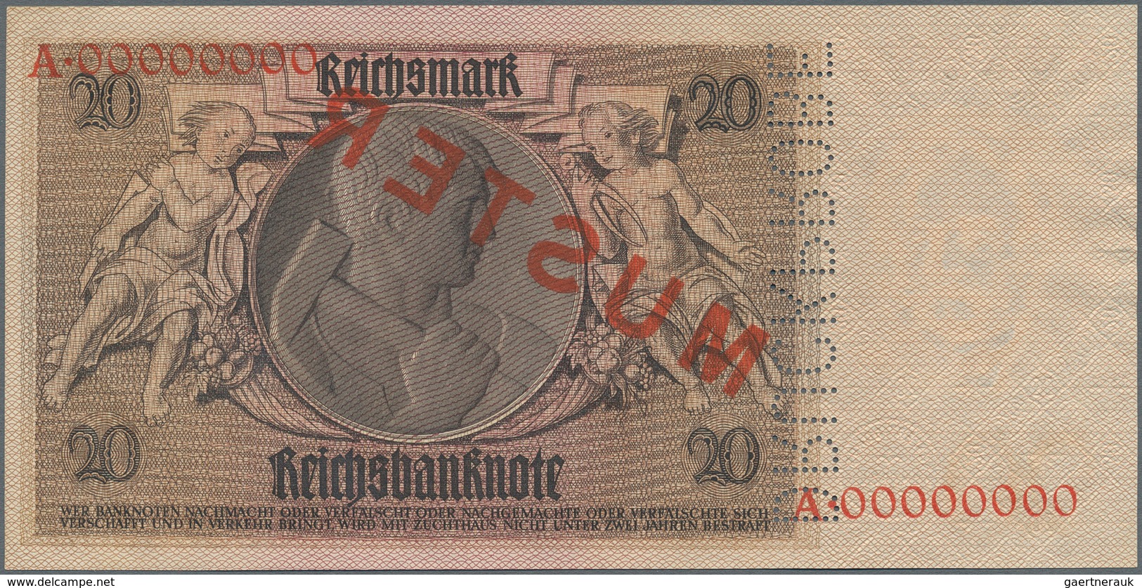 Deutschland - Deutsches Reich Bis 1945: 20 Mark 1929 MUSTER, Ro.174M Mit KN A00000000, Rotem Überdru - Other & Unclassified