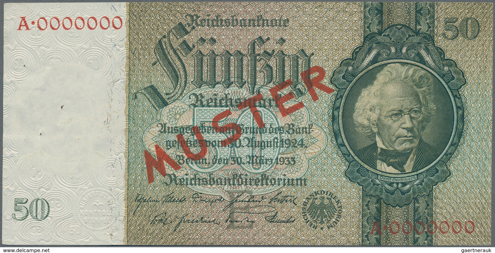 Deutschland - Deutsches Reich Bis 1945: 50 Reichsmark 1933 MUSTER, Ro.175M Mit KN A0000000 Und Rotem - Other & Unclassified