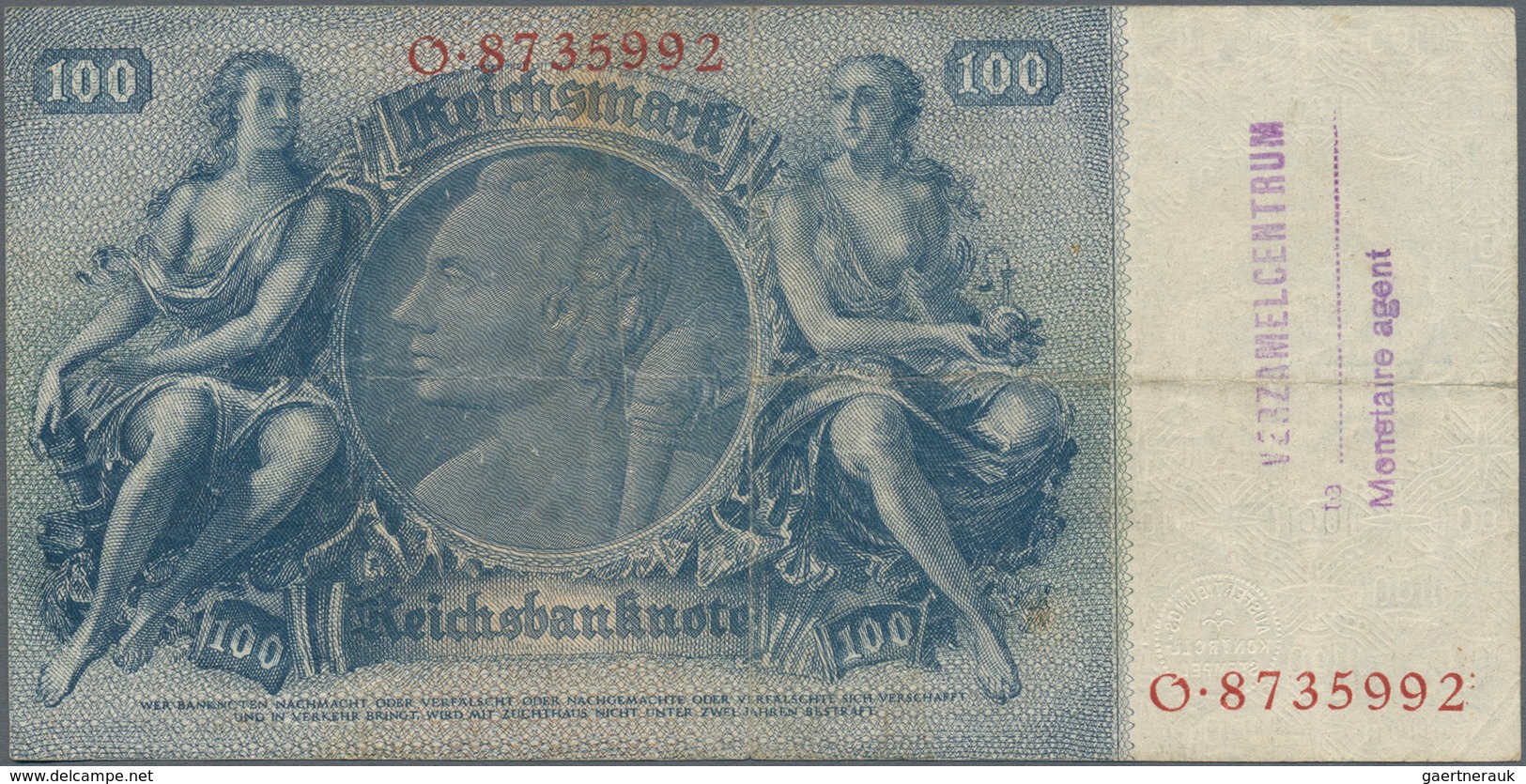 Deutschland - Deutsches Reich bis 1945: Lot mit 7 belgischen Abstempelungen auf 100 Reichsmark, dabe
