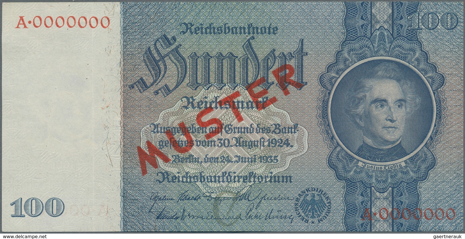 Deutschland - Deutsches Reich Bis 1945: 100 Reichsmark 1935 MUSTER, Ro.176M Mit KN A0000000 Und Rote - Other & Unclassified