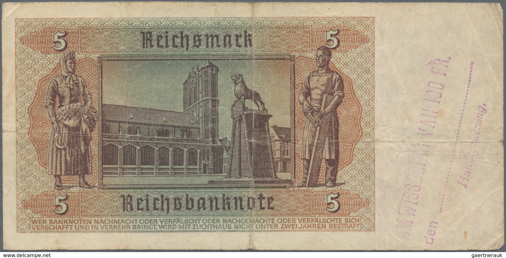 Deutschland - Deutsches Reich bis 1945: Kleines Lot mit 7 belgischen Abstempelungen auf 5 Reichsmark