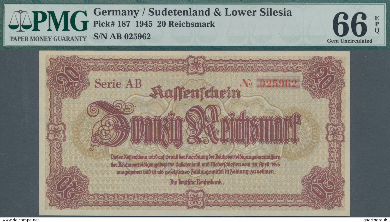 Deutschland - Deutsches Reich bis 1945: Lot mit 4 Banknoten 20 Reichsmark 1945, Ro.186, alle PMG gep