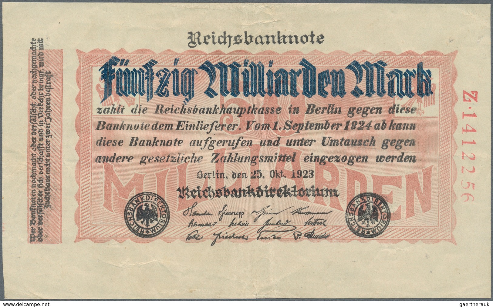 Deutschland - Deutsches Reich Bis 1945: Reichsbanknote Zu 50 Milliarden Mark Vom 25. Oktober 1923, E - Otros & Sin Clasificación