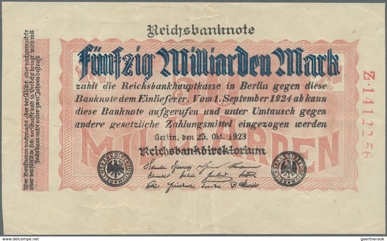 Deutschland - Deutsches Reich Bis 1945: Reichsbanknote Zu 50 Milliarden Mark Vom 25. Oktober 1923, E - Sonstige & Ohne Zuordnung