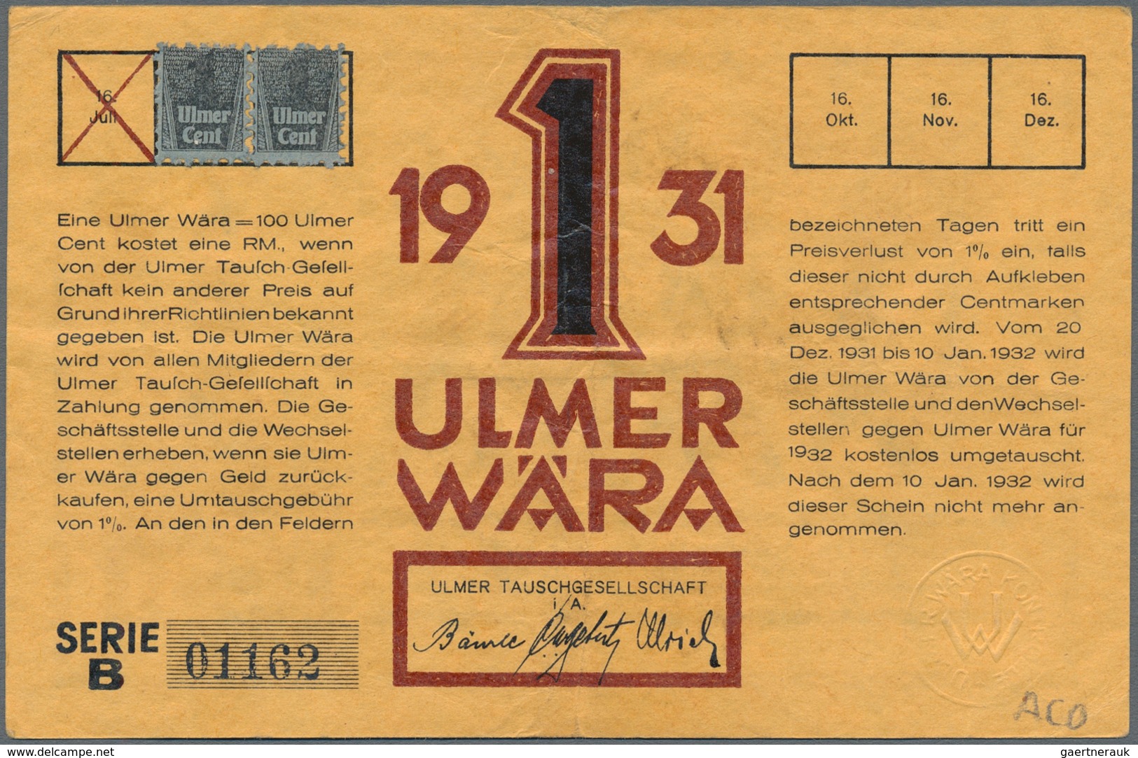 Deutschland - Deutsches Reich Bis 1945: Ulmer Wära, Set Mit 1/2, 2 X 1, 2, 5 Und 10 Wära 1931, Teils - Sonstige & Ohne Zuordnung