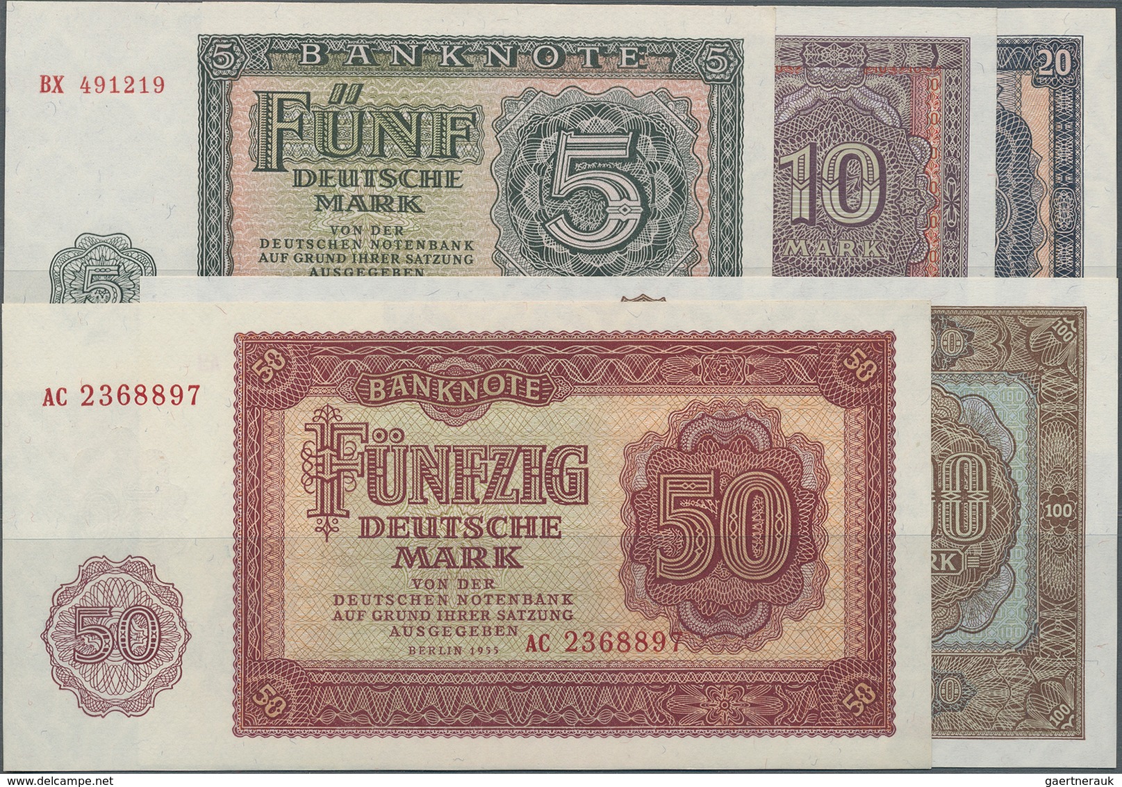 Deutschland - DDR: Banknotensatz 1955 Mit 5, 10, 20, 50 Und 100 Mark, Ro.349a - 353a, Alle In Kassen - Sonstige & Ohne Zuordnung