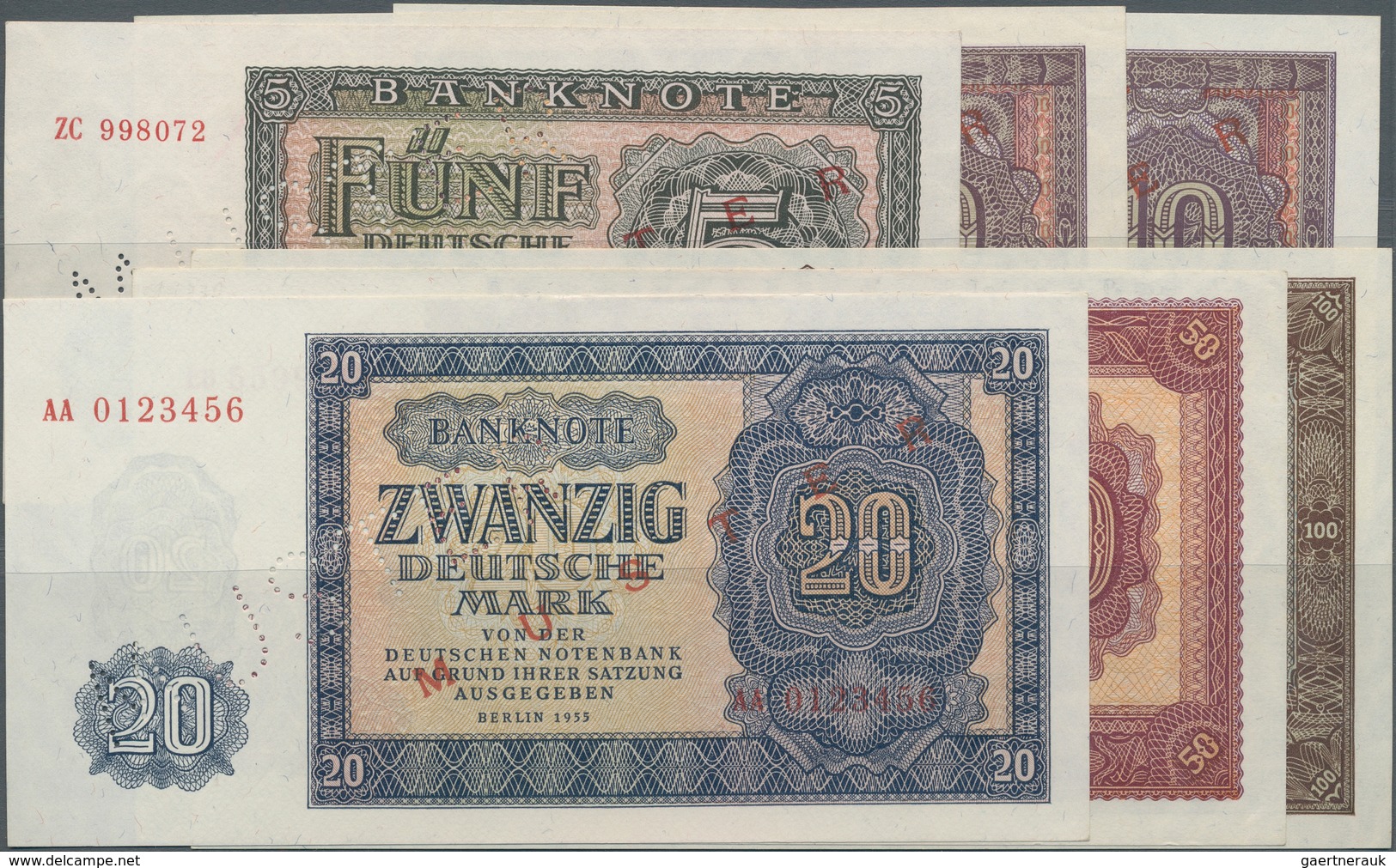 Deutschland - DDR: Mustersatz Der Notenbank 1955 Von 5 Bis 100 Mark, Dabei 5, 2 X 10, 20, 50 Und 100 - Altri & Non Classificati