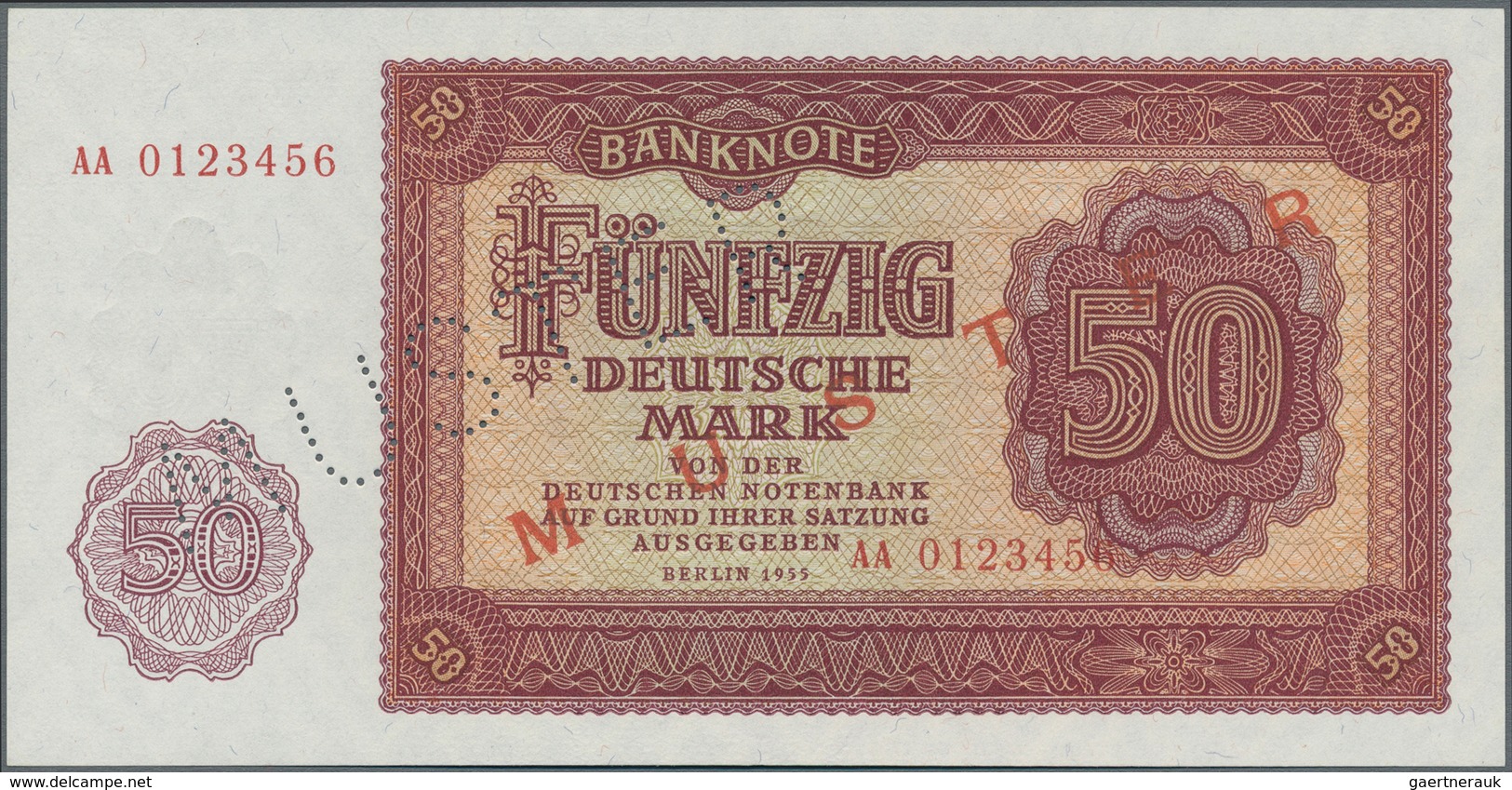 Deutschland - DDR: 5 Mark 1955 Serie "JF" Mit Laufender Seriennummer Mit Perforation "MUSTER" Und 50 - Otros & Sin Clasificación