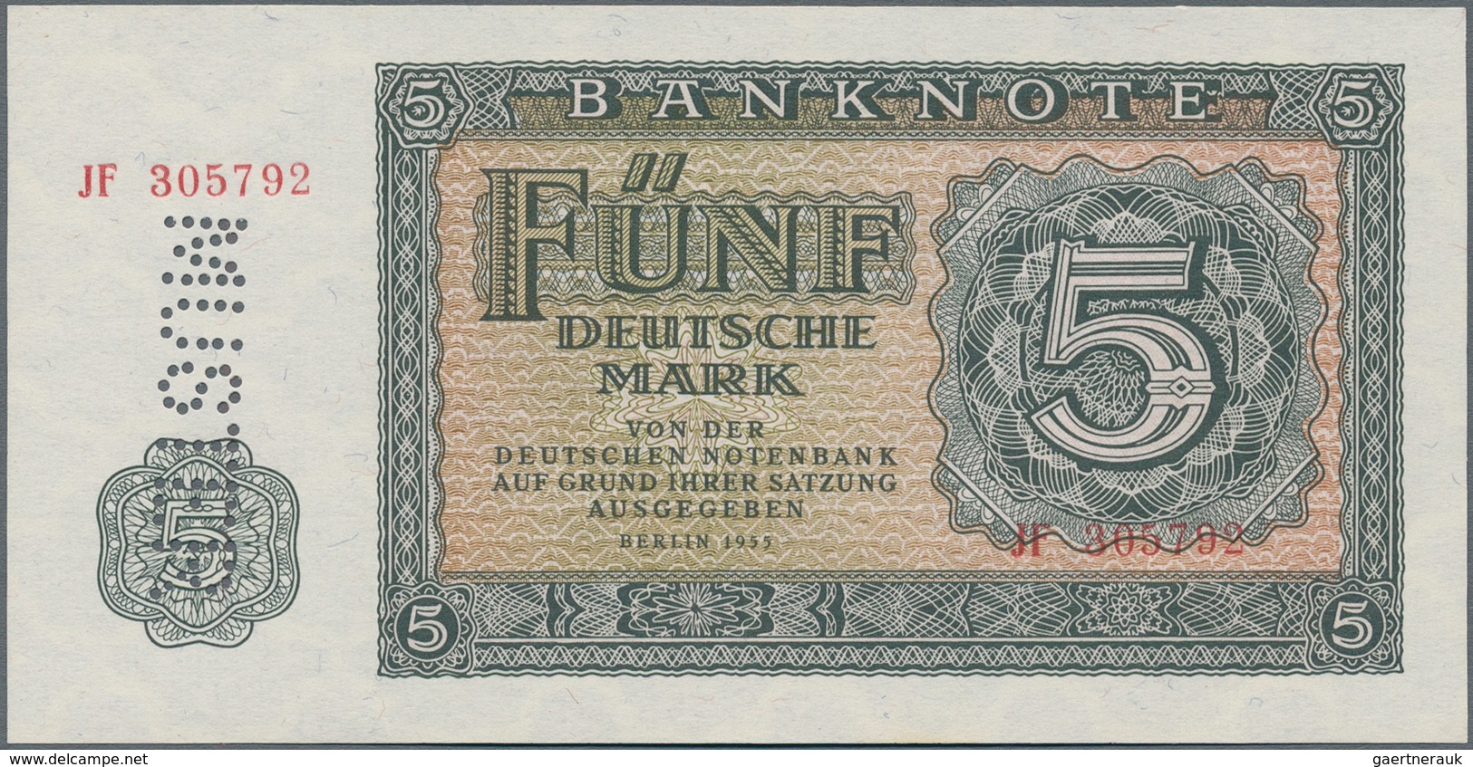 Deutschland - DDR: 5 Mark 1955 Serie "JF" Mit Laufender Seriennummer Mit Perforation "MUSTER" Und 50 - Sonstige & Ohne Zuordnung