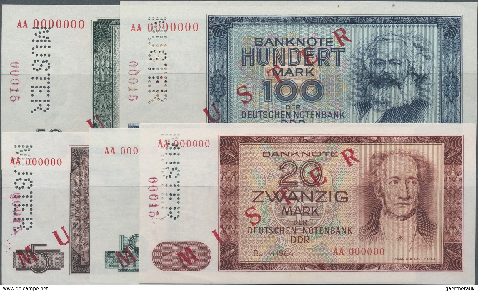 Deutschland - DDR: Mustersatz Der DDR Notenbank 1964 Von 5 Bis 100 Mark, Alle Mit Rotem überdruck "M - Sonstige & Ohne Zuordnung