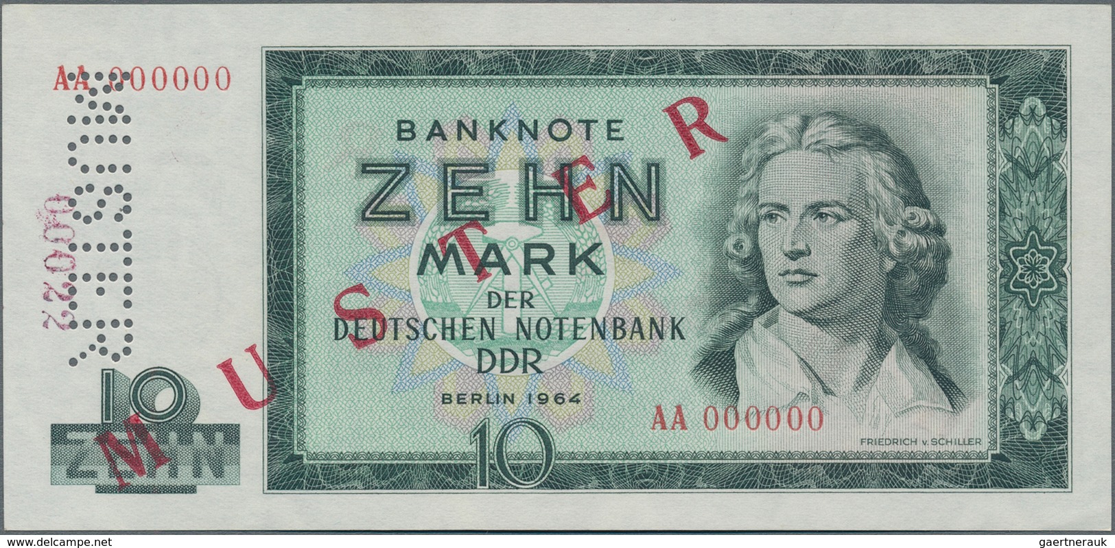 Deutschland - DDR: 10 Mark 1964 Mit Perforation Und Rotem Überdruck "MUSTER" Und Zusätzlicher Aufges - Otros & Sin Clasificación