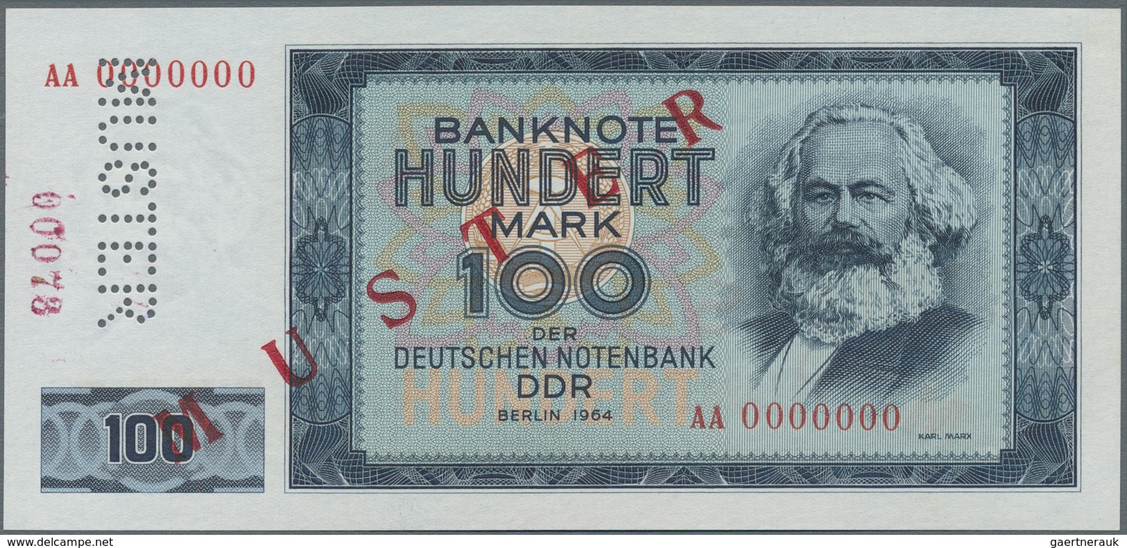 Deutschland - DDR: 100 Mark 1964 Mit Perforation Und Rotem Überdruck "MUSTER" Und Zusätzlicher Aufge - Otros & Sin Clasificación