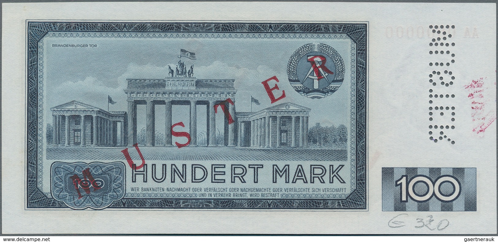 Deutschland - DDR: 100 Mark 1964 Mit Perforation Und Rotem Überdruck "MUSTER" Und Zusätzlicher Aufge - Sonstige & Ohne Zuordnung