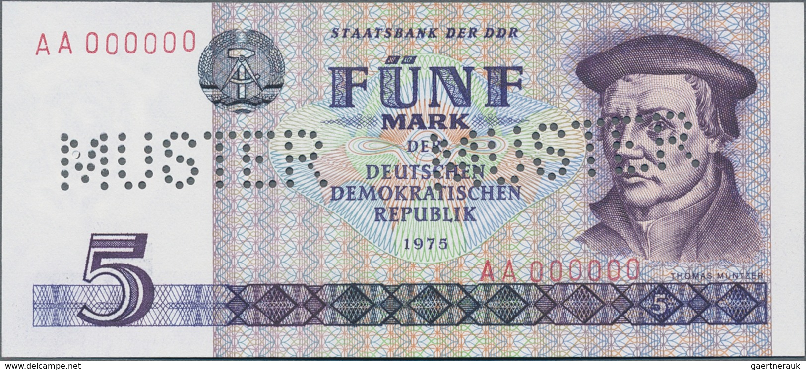 Deutschland - DDR: 5 Mark 1975 Mit Seriennummer "AA 000000" And Doppelter Perforation "MUSTER", Ro.3 - Sonstige & Ohne Zuordnung