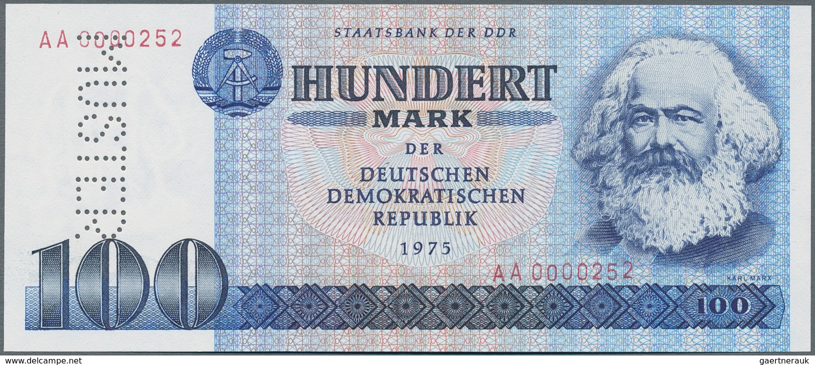 Deutschland - DDR: 100 Mark 1975 Mit KN "AA 0000252" Und Perforation "MUSTER", Auch Als Muster Des M - Other & Unclassified