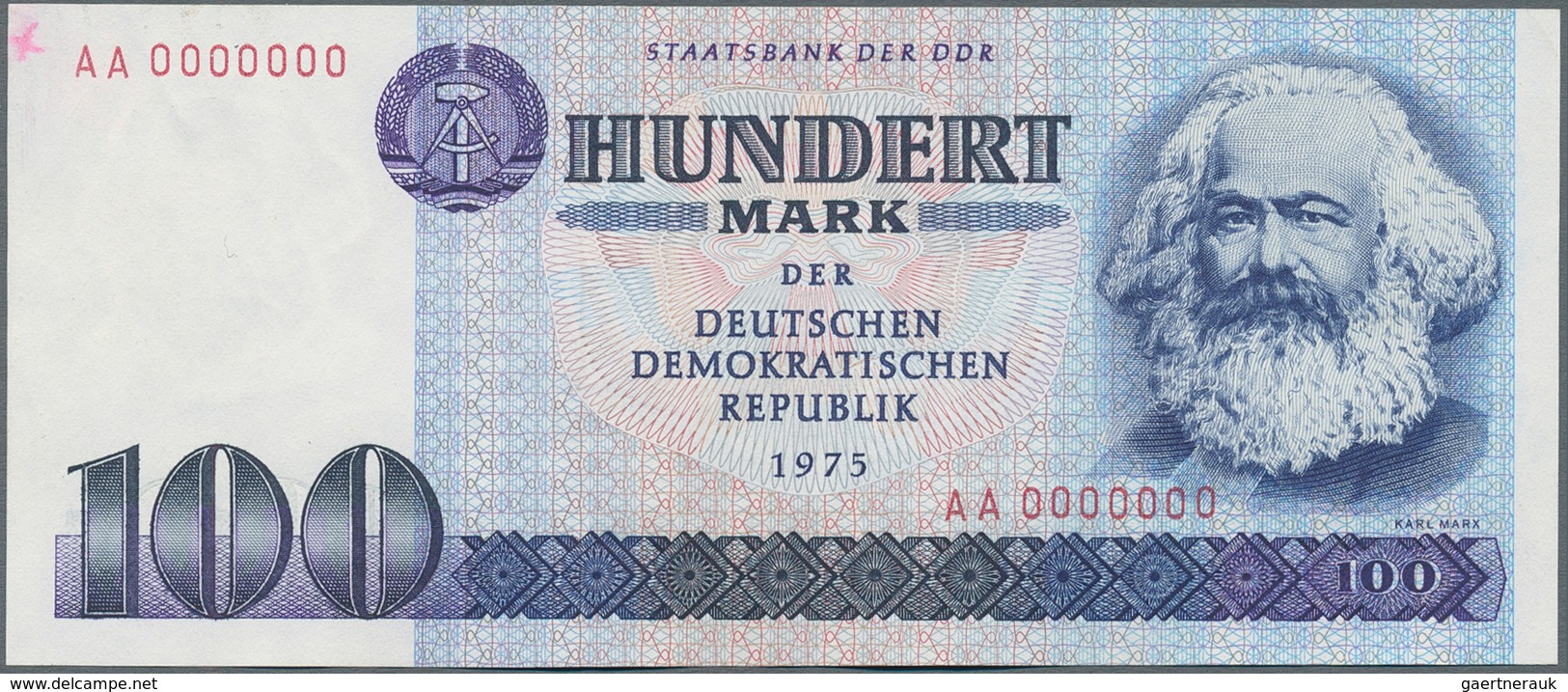 Deutschland - DDR: 100 Mark 1975 MUSTER Mit Seriennummer "AA 0000000", Mit Kleinem Roten Kreuz Oben - Sonstige & Ohne Zuordnung