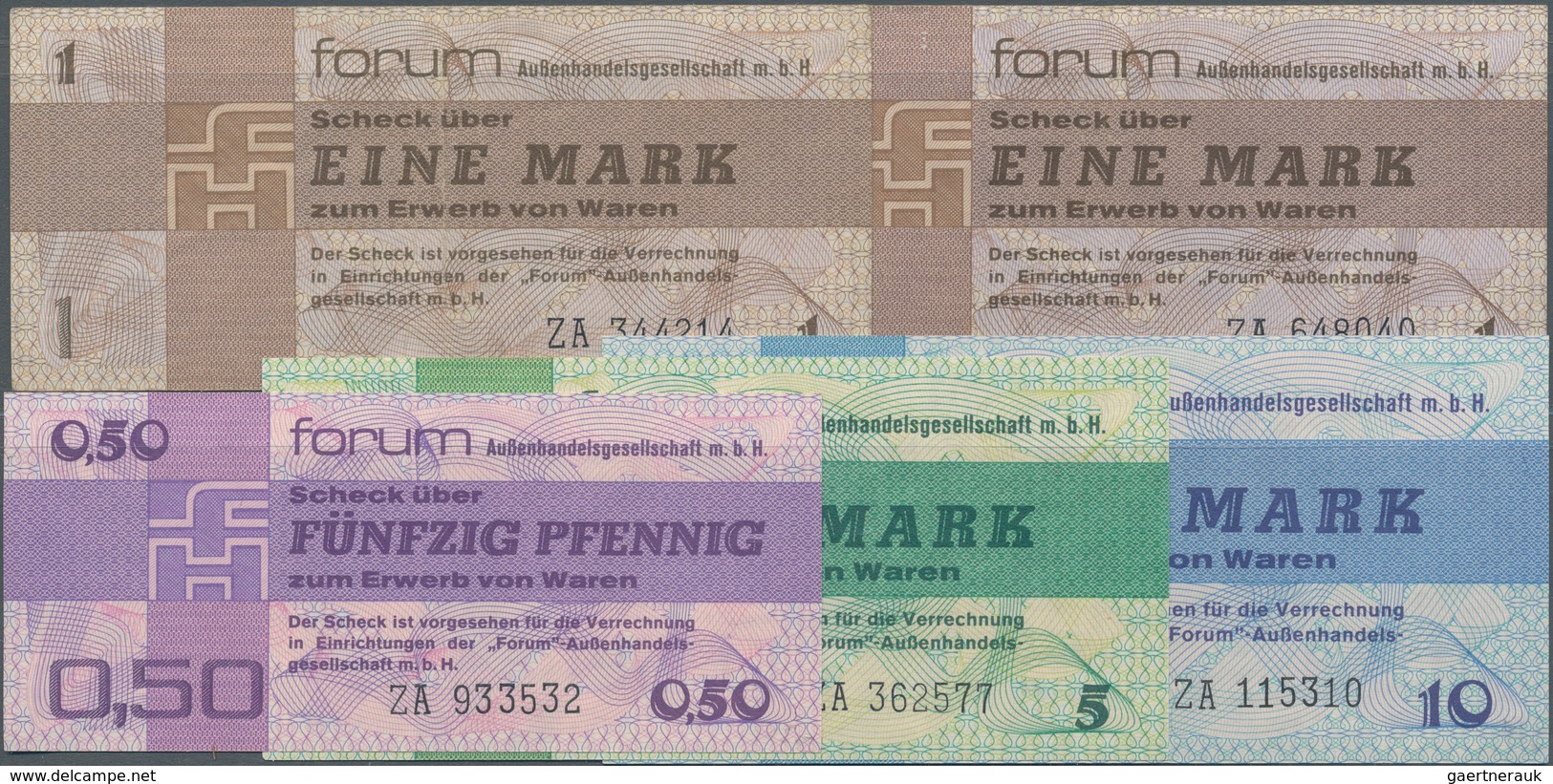 Deutschland - DDR: Lot Mit 5 Banknoten Der Forum-Außenhandelsgesellschaft M.b.H. Zu 50 Pfennig, 2 X - Other & Unclassified