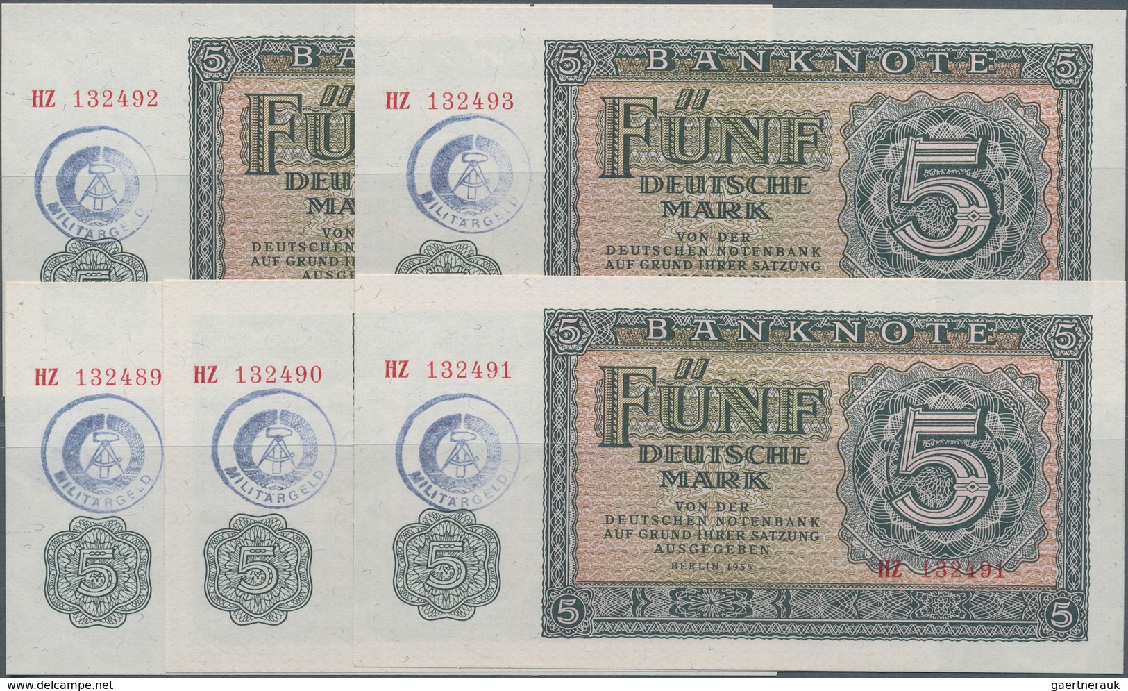 Deutschland - DDR: Set Mit 5 Fortlaufend Nummerierten Banknoten Zu 5 Mark 1955 (1980) Mit Handstempe - Otros & Sin Clasificación