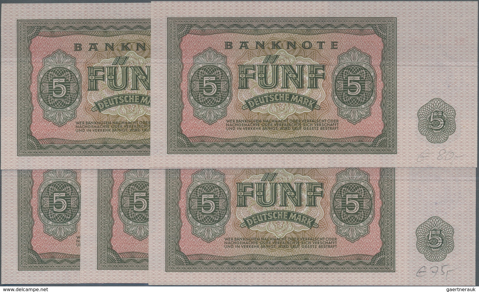 Deutschland - DDR: Set Mit 5 Fortlaufend Nummerierten Banknoten Zu 5 Mark 1955 (1980) Mit Handstempe - Otros & Sin Clasificación