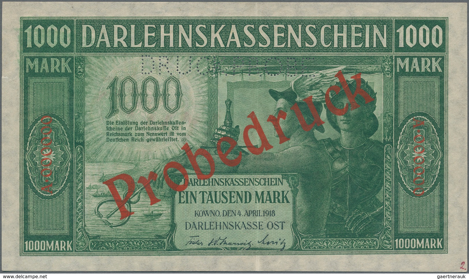Deutschland - Nebengebiete Deutsches Reich: Darlehenskasse Ost - KOWNO, 1000 Mark 1918 Muster, Ro.47 - Other & Unclassified