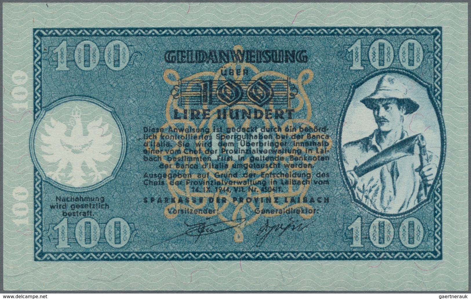 Deutschland - Nebengebiete Deutsches Reich: Sparkasse Laibach 100 Lire 1944, Ro.613 In Perfekt Kasse - Altri & Non Classificati