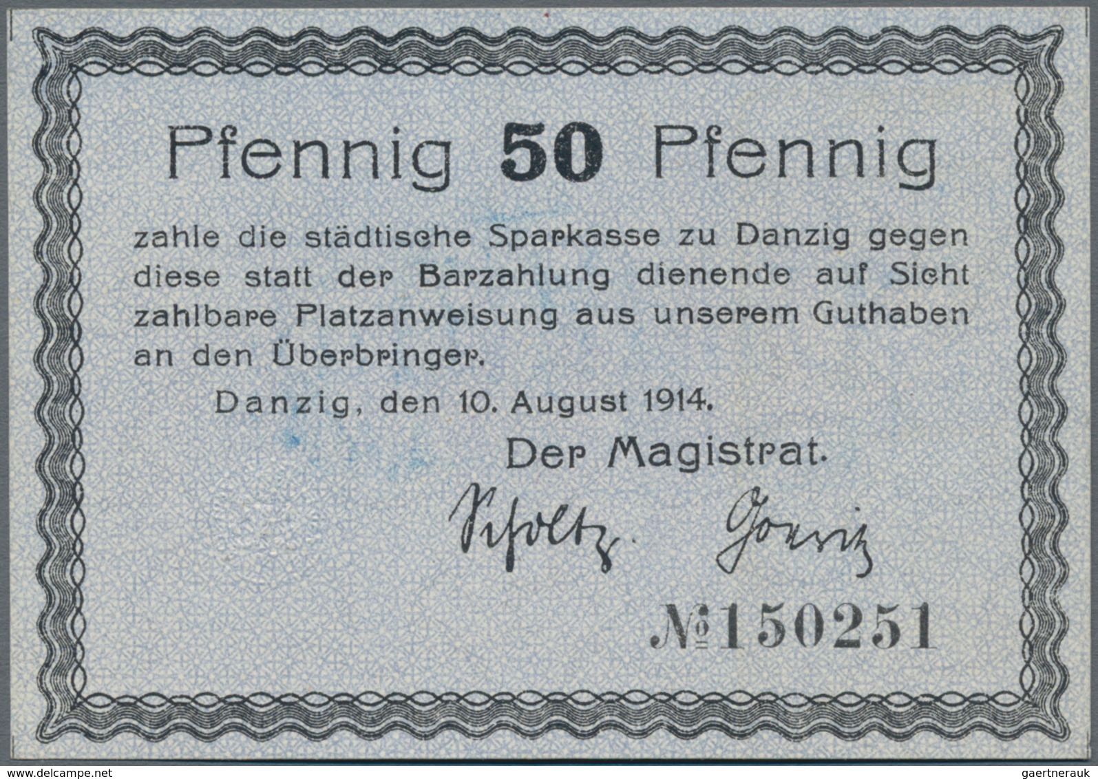 Deutschland - Nebengebiete Deutsches Reich: Danzig - Magistrat Der Stadt 50 Pfennig 1914 Mit Rücksei - Altri & Non Classificati