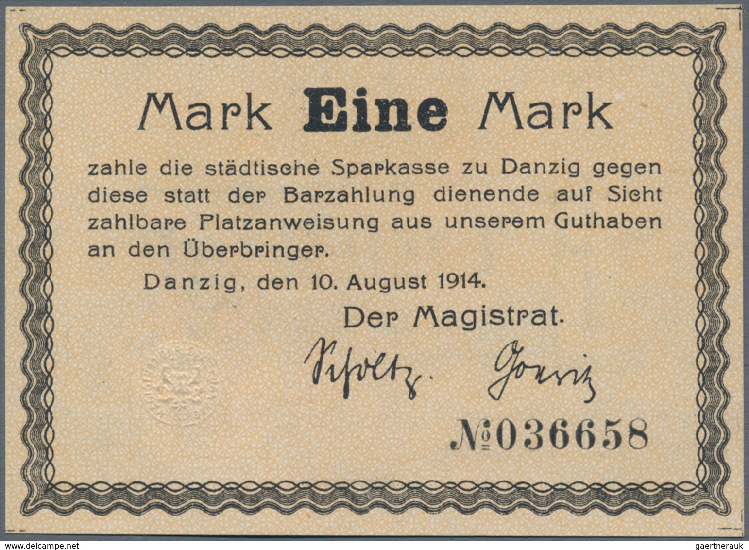 Deutschland - Nebengebiete Deutsches Reich: Danzig - Magistrat Der Stadt 1 Mark 1914 Mit Rückseitige - Otros & Sin Clasificación