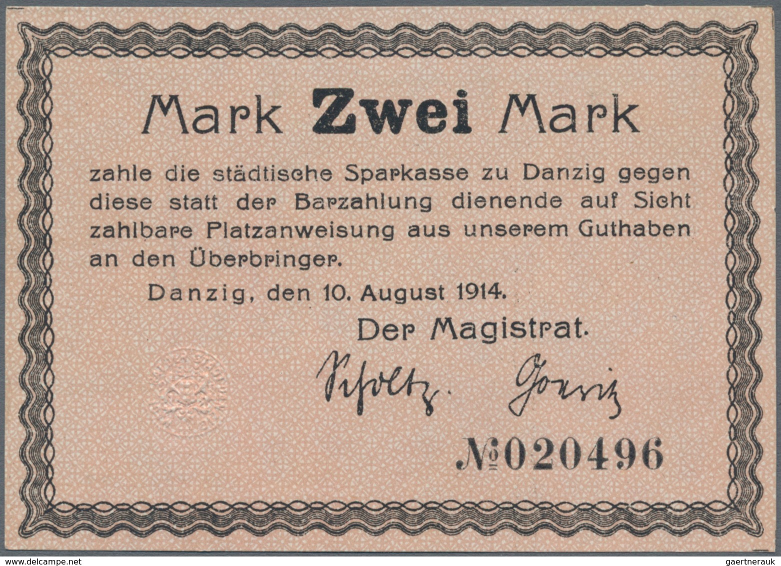 Deutschland - Nebengebiete Deutsches Reich: Danzig - Magistrat Der Stadt 2 Mark 1914 Mit Rückseitige - Otros & Sin Clasificación