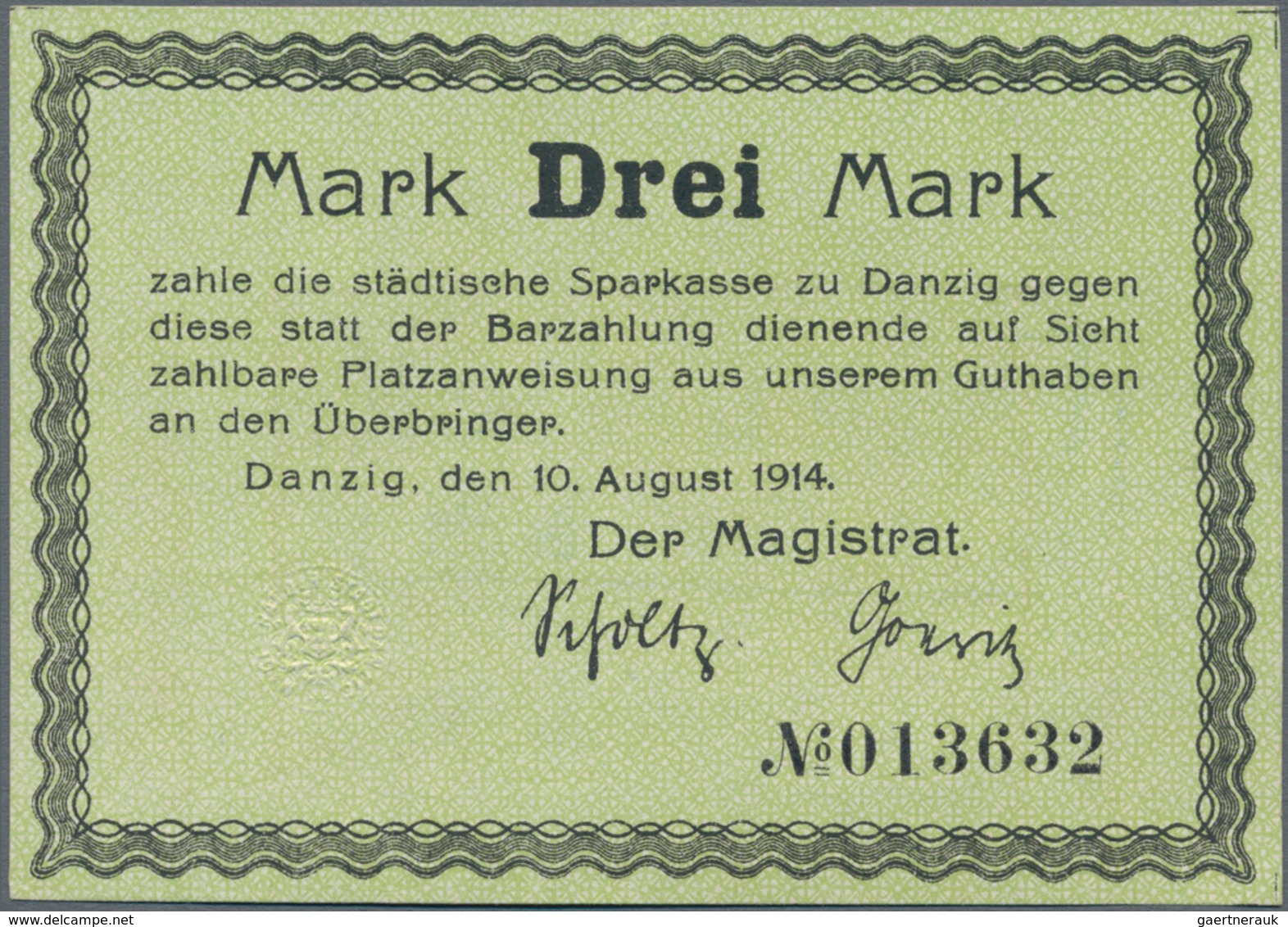 Deutschland - Nebengebiete Deutsches Reich: Danzig - Magistrat Der Stadt 3 Mark 1914 Mit Rückseitige - Altri & Non Classificati