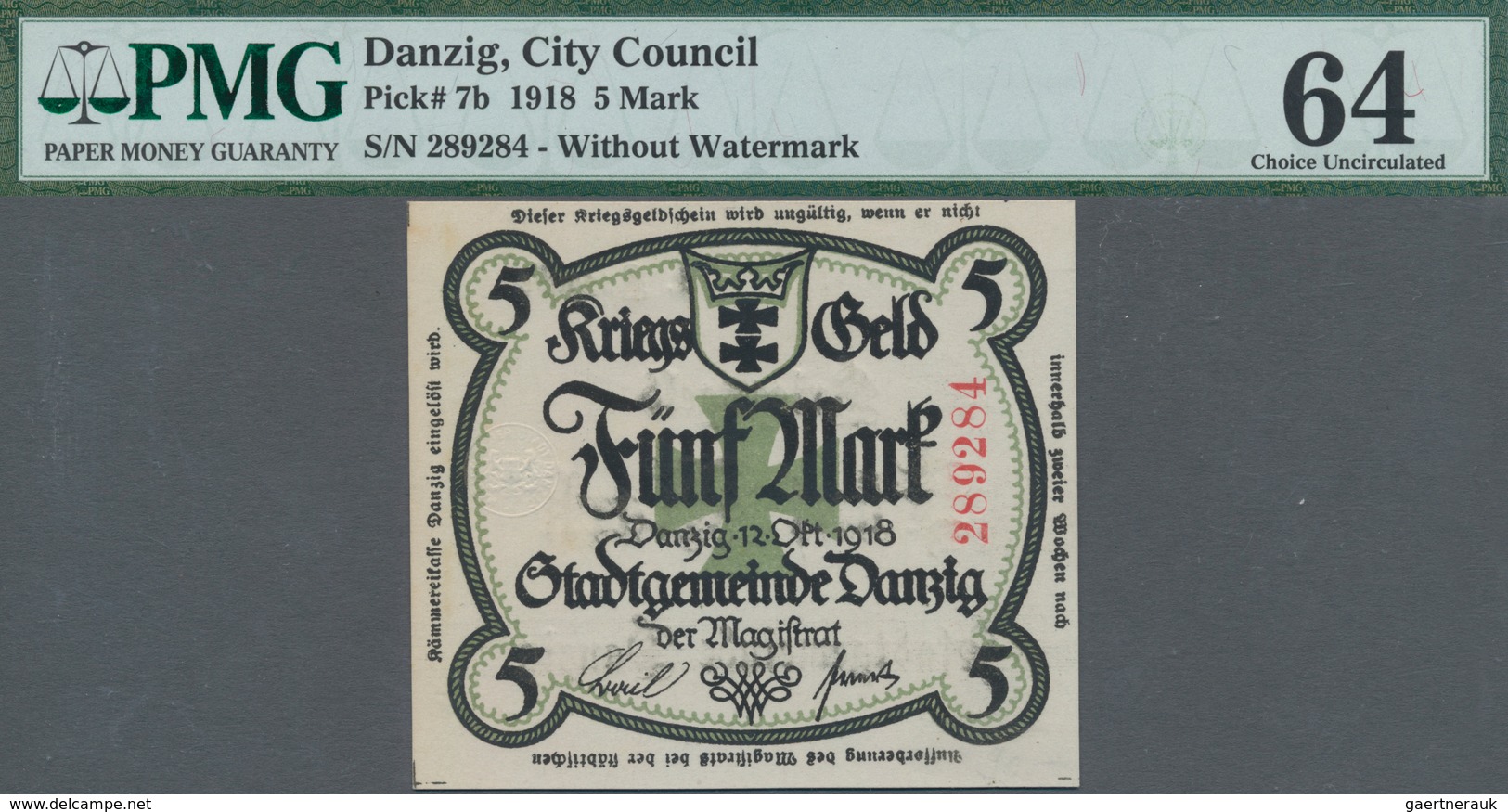Deutschland - Nebengebiete Deutsches Reich: Danzig - Magistrat Der Stadt 5 Mark 1918 Mit Rückseitige - Otros & Sin Clasificación