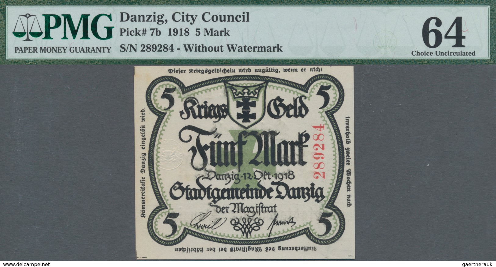 Deutschland - Nebengebiete Deutsches Reich: Danzig - Magistrat Der Stadt 5 Mark 1918 Mit Rückseitige - Sonstige & Ohne Zuordnung