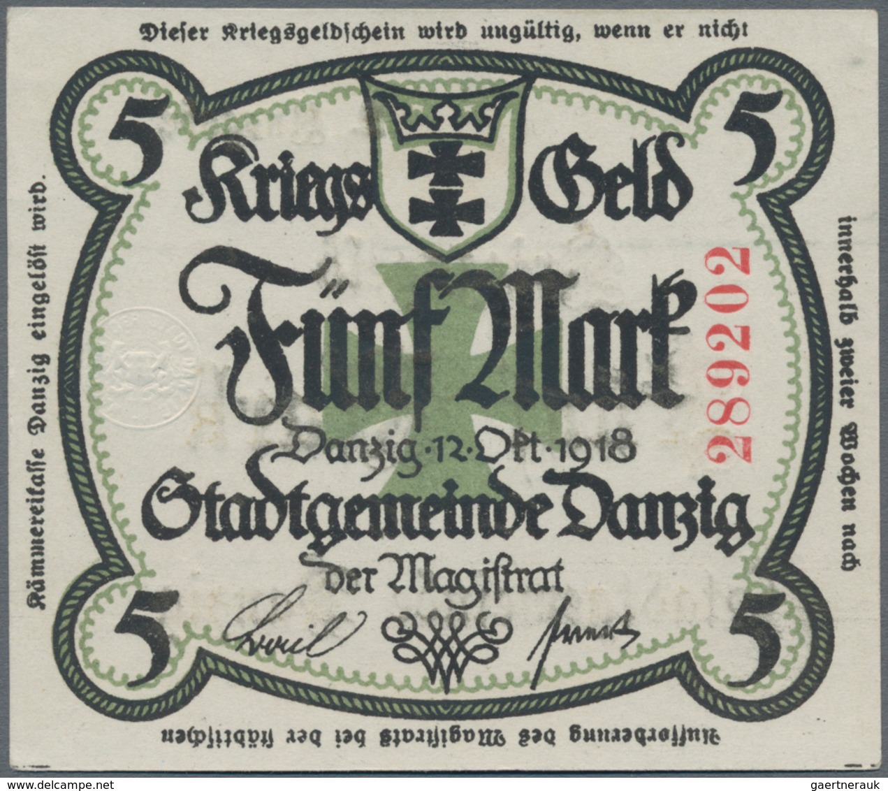 Deutschland - Nebengebiete Deutsches Reich: Kriegsgeld Der Stadtgemeinde Danzig Zu 5 Mark 1918, Ro.e - Altri & Non Classificati