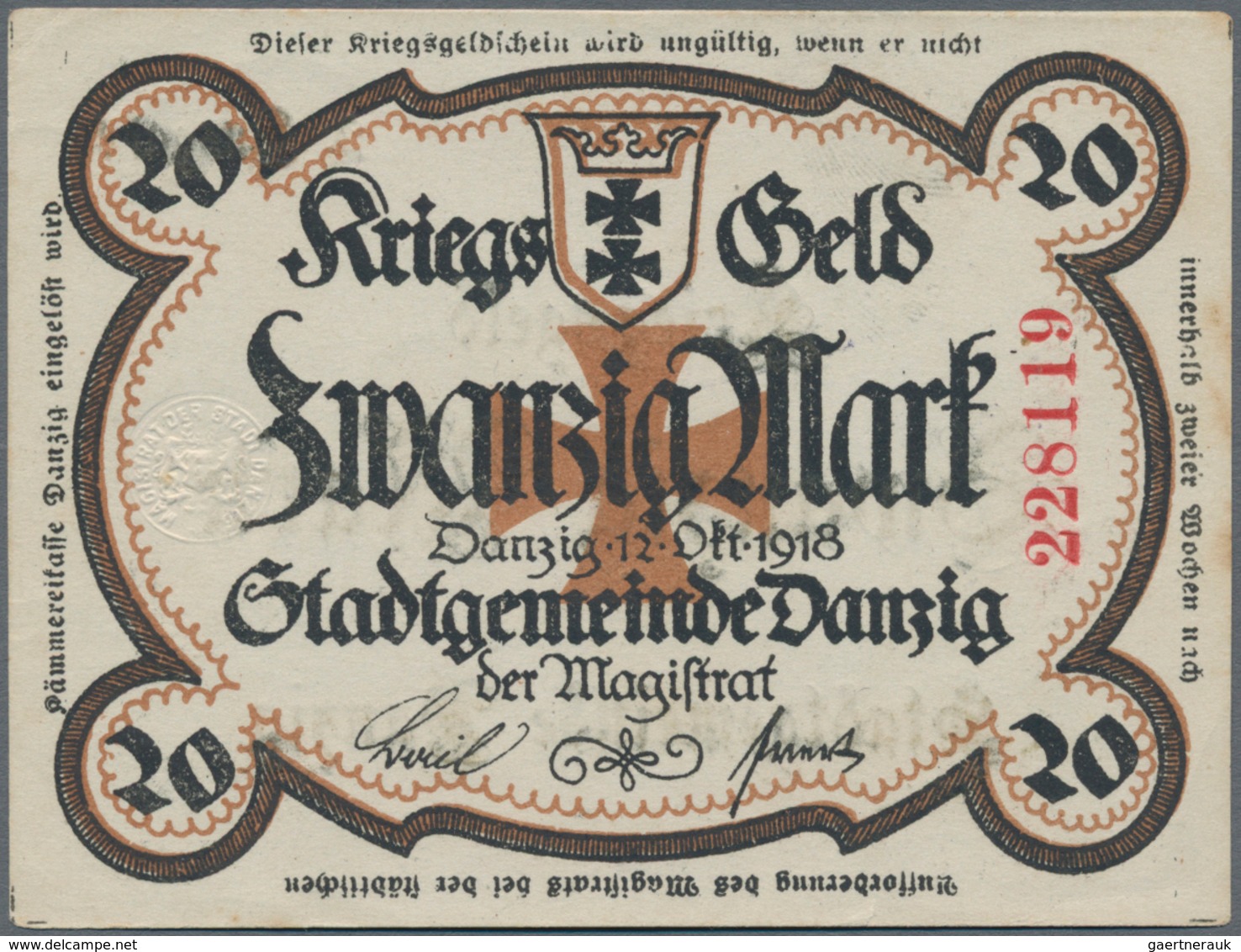 Deutschland - Nebengebiete Deutsches Reich: Kriegsgeld Der Stadtgemeinde Danzig Zu 20 Mark 1918, Ro. - Otros & Sin Clasificación